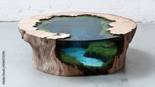 Unique coffee table with embedded lake scene.
