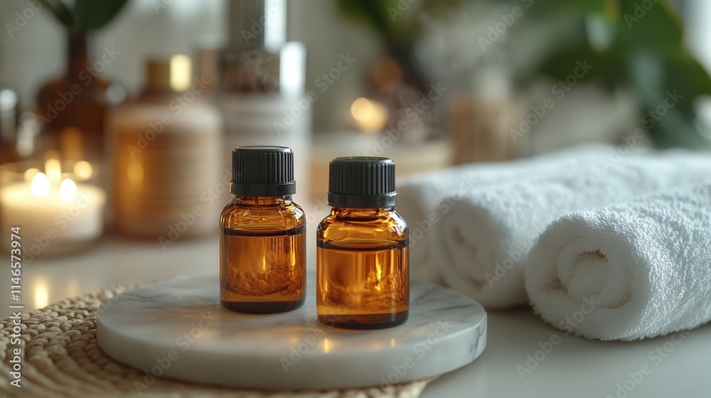 Two amber bottles of essential oils beside towels and candles create a serene spa atmosphere. Two amber bottles of essential oils beside towels and candles create a serene spa atmosphere.