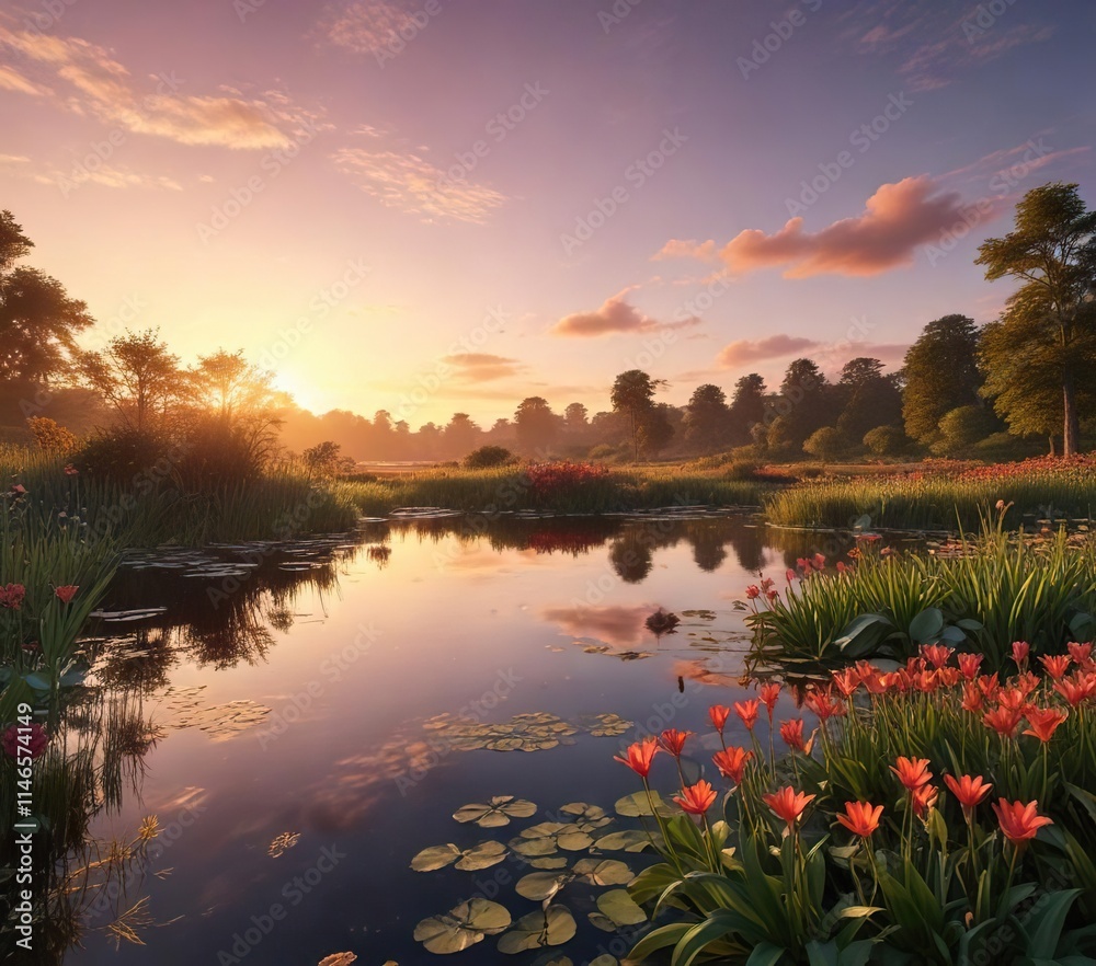 Obraz premium Serene Bosherston Lily Ponds landscape at sunset, peaceful atmosphere, pembrokeshire, nature reserve