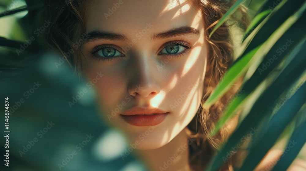 woman with green eyes hidden behind tropical leaves