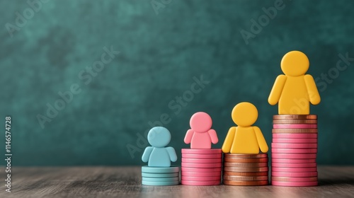 Family figures stand on the coins, symbolizing financial growth and stability
