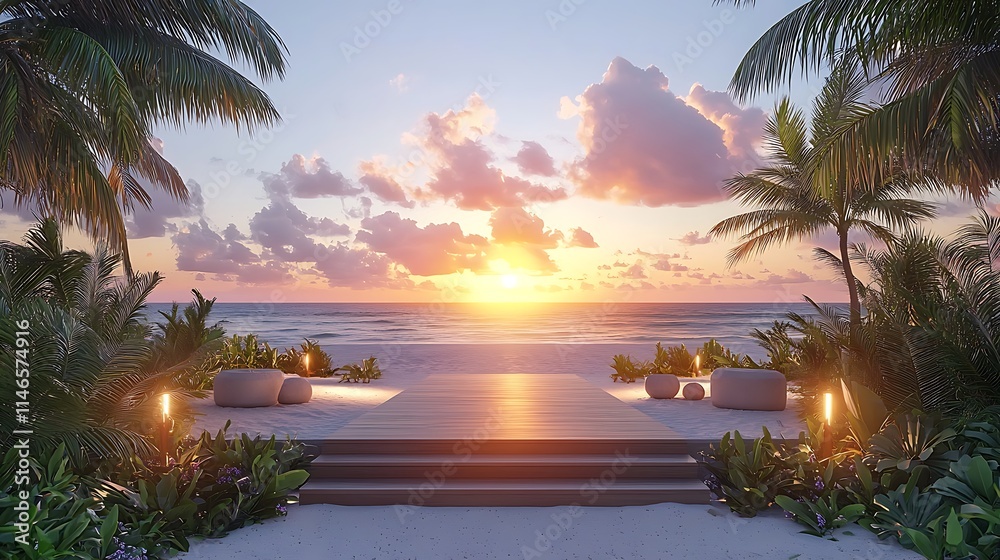 Fototapeta premium Tropical Beach Sunset Wooden Deck Steps to Ocean