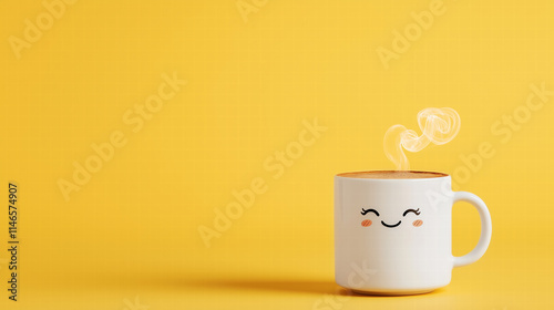 Cute white mug with smiley face and steaming coffee on yellow background