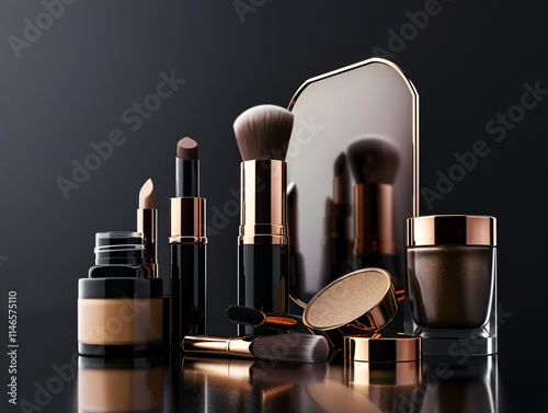 A stylish collection of makeup products, including brushes and a mirror, elegantly arranged against a dark backdrop.