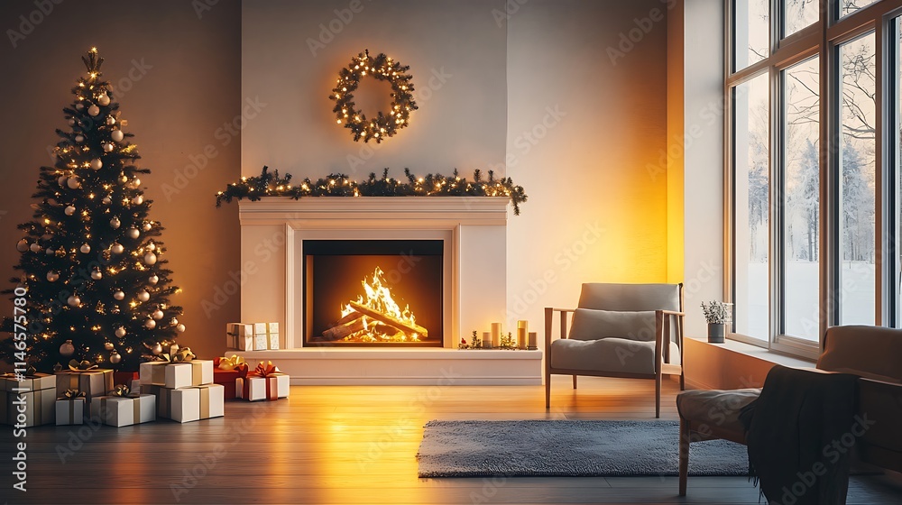Festive cozy living room glowing fireplace Christmas tree modern clean minimalistic design Festive cozy living room glowing fireplace Christmas tree modern clean minimalistic design