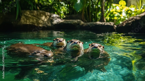 Three playful otters swimming in clear water surrounded by lush greenery.