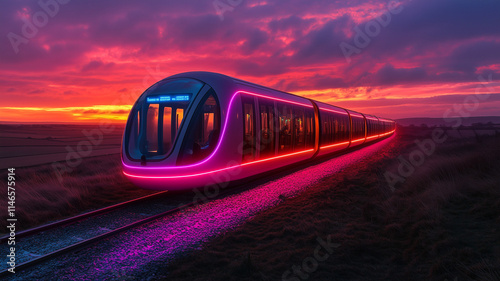 The high-speed passenger electric train of the future has beautiful LED lights showing around the train.