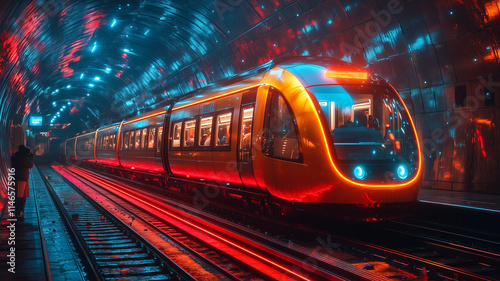 The high-speed passenger electric train of the future has beautiful LED lights showing around the train.