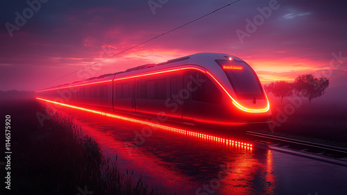 The high-speed passenger electric train of the future has beautiful LED lights showing around the train.