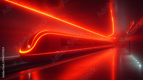 The high-speed passenger electric train of the future has beautiful LED lights showing around the train.