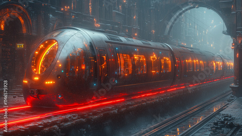 The high-speed passenger electric train of the future has beautiful LED lights showing around the train.