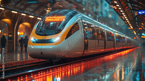The high-speed passenger electric train of the future has beautiful LED lights showing around the train.