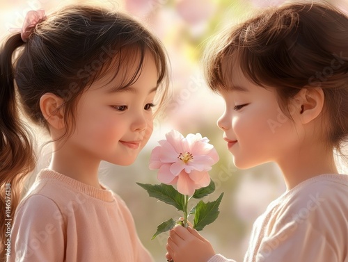 Capture the essence of childhood innocence with this heartwarming image of A child giving a flower to another, bright colors, pure smiles, showcasing the warmth of friendship and simple joy This photo