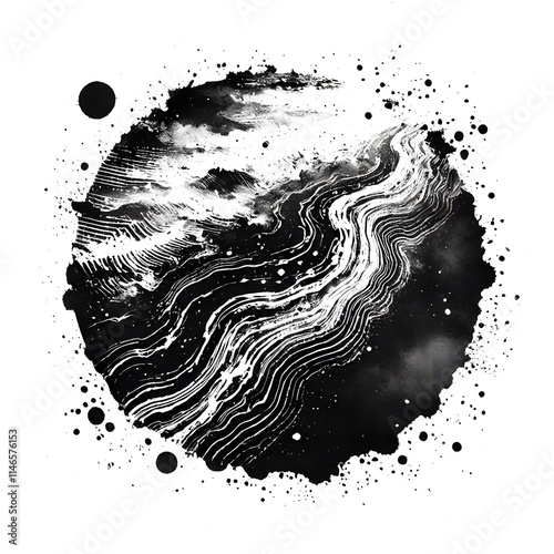 Black ink splashes and water drops on a white background in a grunge texture design photo