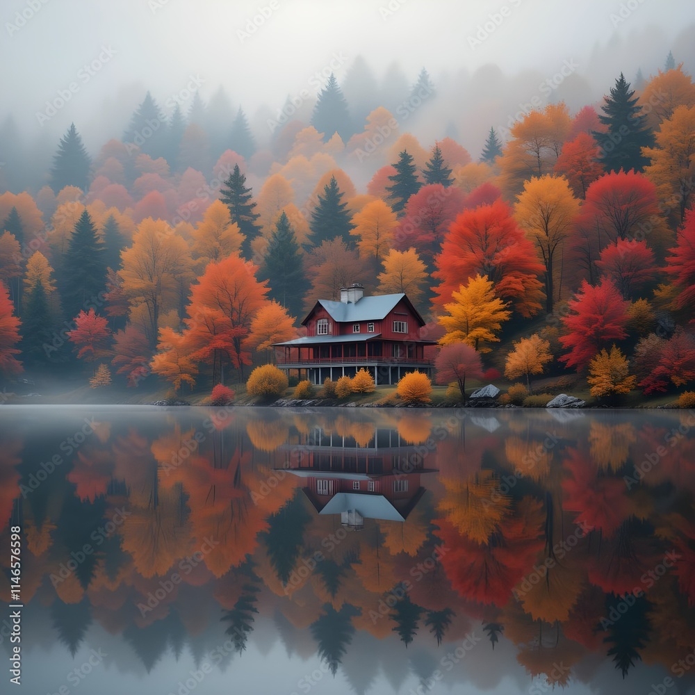 Fototapeta premium A picturesque autumn scene featuring a red cottage surrounded by vibrant fall foliage in shades of red, orange, and yellow, perfectly mirrored in a tranquil lake, evoking serenity and natural beauty.