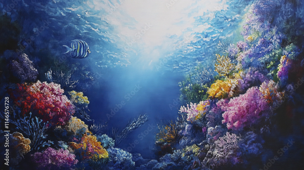 Naklejka premium Vibrant coral reef with colorful corals and fish swimming in blue water