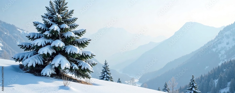 custom made wallpaper toronto digitalSnowy evergreen tree against a white winter sky, branches bare, frost on needles, bark, mountain