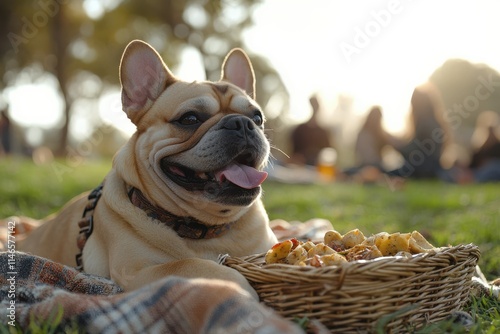 Happy French bulldog enjoying snacks in a park during sunset with friends gathering nearby. Generative AI photo