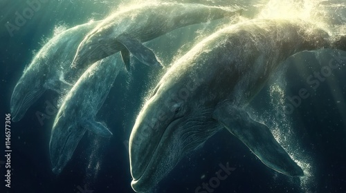 Three whales swimming gracefully in deep ocean waters, illuminated by sunlight.