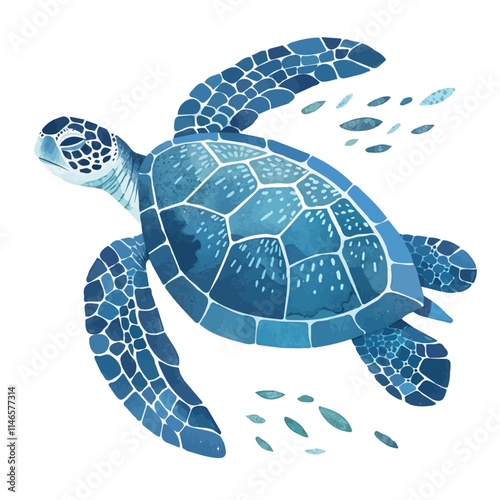 A watercolor vector of a tropical sea turtle swimming gracefully, isolated on a white background. Tropical sea turtle vector.
