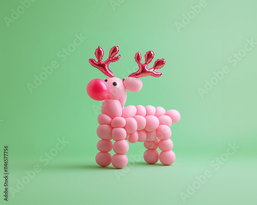 xmas reindeer made with moldable pink balloons against pastel green background.
