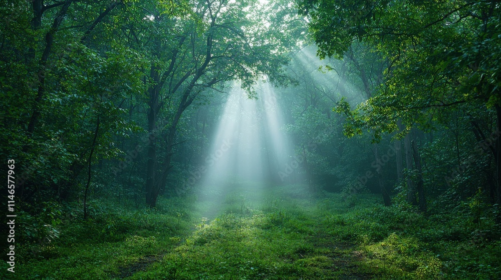 Fototapeta premium Serene foggy morning in forest with light beams filtering through trees nature tranquil environment