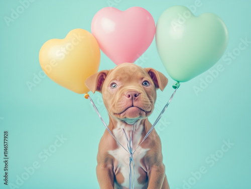 young pitbull puppy surrounded by pastel heart shaped balloons on green background. Love, romance concept.