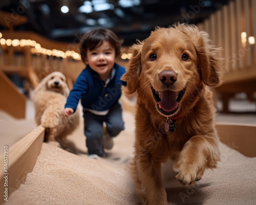 Capture the pure joy of childhood in this brightly lit playground scene, where kids and playful pets, like dogs, create a vibrant tapestry of fun and energy Witness the unbridled spirit of children photo