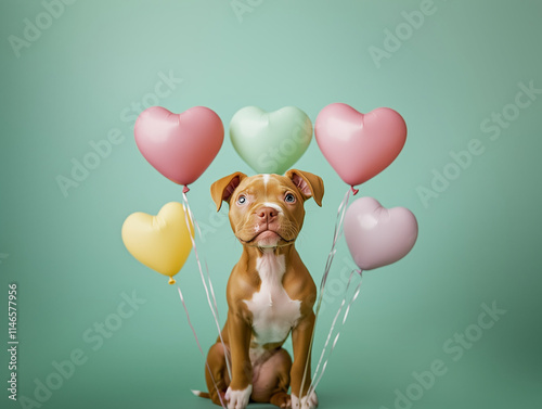 young pitbull puppy surrounded by pastel heart shaped balloons on green background. Love, romance concept.