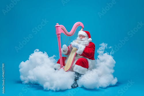 Santa Claus sits on a cloud and plays a pink harp on a blue background.