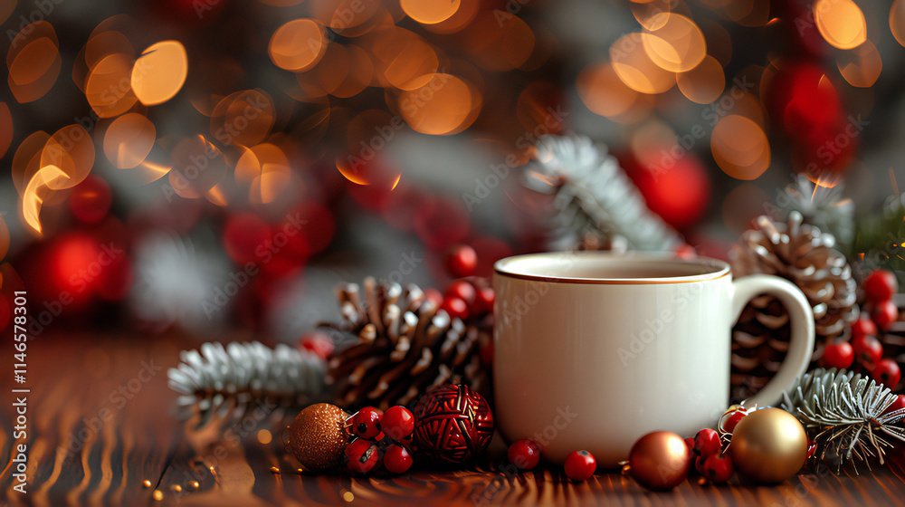Christmas still life with A coffee cup with a beautiful blurry background image Christmas still life with A coffee cup with a beautiful blurry background image