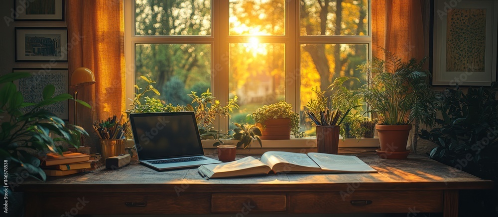 Cozy home workspace by window with laptop, book, plants, and sunset view. Cozy home workspace by window with laptop, book, plants, and sunset view.