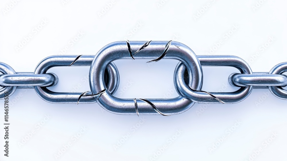 Obraz premium A close-up of a metallic chain link with visible wear and tear, emphasizing strength and potential vulnerability in its structure.