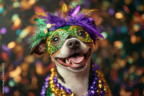 Adorable dog in a festive Mardi Gras mask with purple and green feathers, beads, and glitter surrounded by sparkling confetti