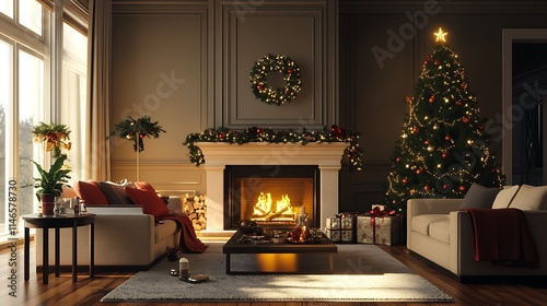 Cozy festive living room glowing fireplace elegant tree holiday minimal neutral look