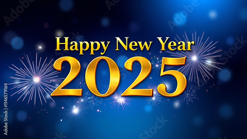 Happy New Year 2025 Festive Text Banner with Gold and Blue Design for a Vibrant Celebration Theme