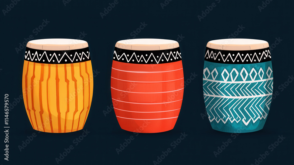 Colorful drums with tribal patterns on dark background