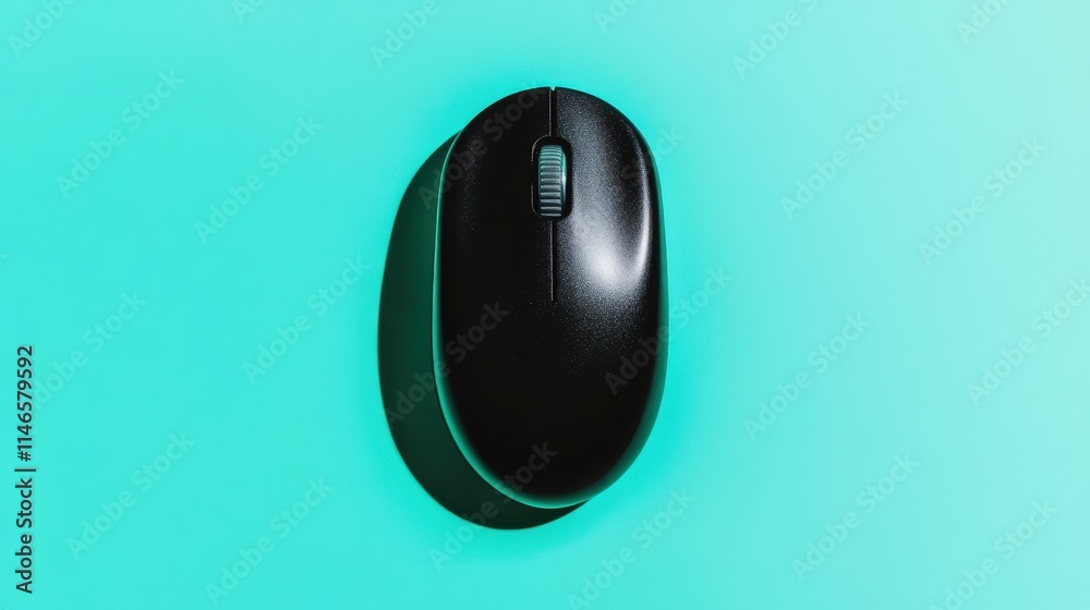 A sleek black computer mouse against a bright turquoise background, emphasizing modern design and technology. A sleek black computer mouse against a bright turquoise background, emphasizing modern design and technology.