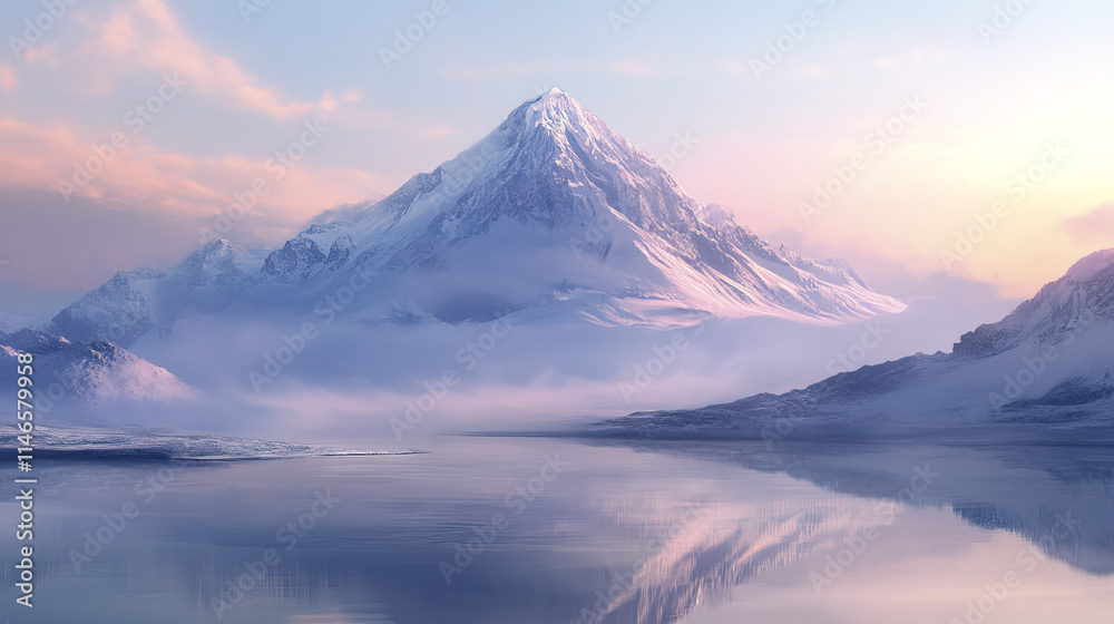 Serene snow covered volcano reflected in calm icy lake at dawn Serene snow covered volcano reflected in calm icy lake at dawn