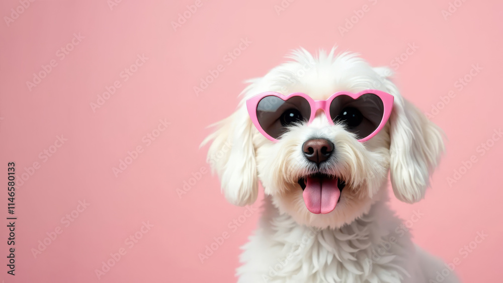 Cute white dog with heart shaped sunglasses on a pink background for Valentine s Day.