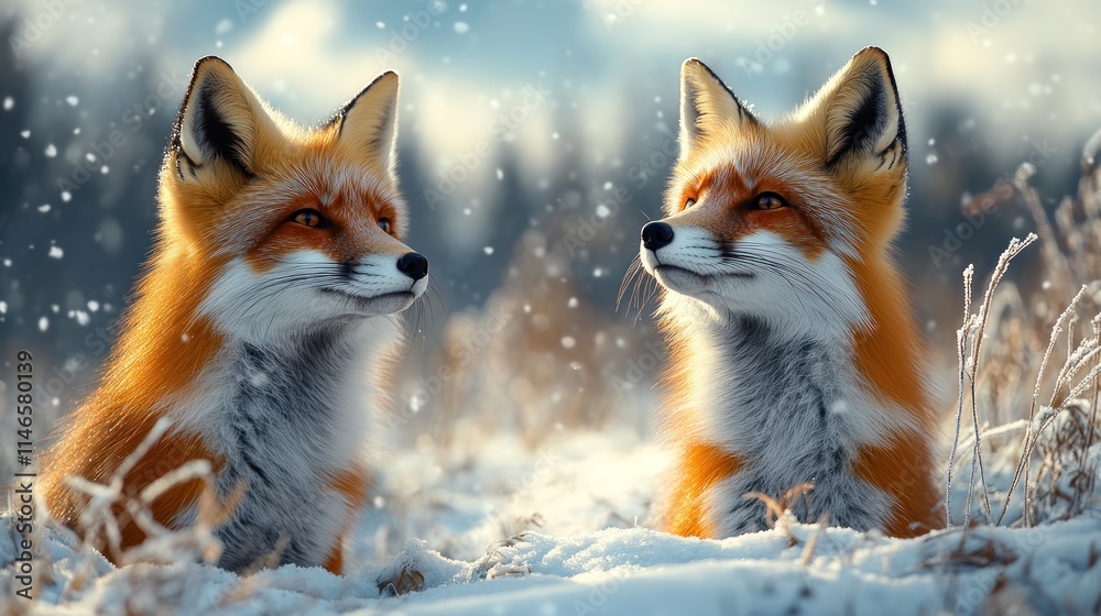 Fototapeta premium Two foxes in a snowy landscape, showcasing their vibrant fur and serene expressions.