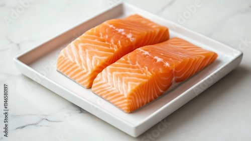 Two fresh salmon fillets displayed on a white plate, highlighting their vibrant color and texture.