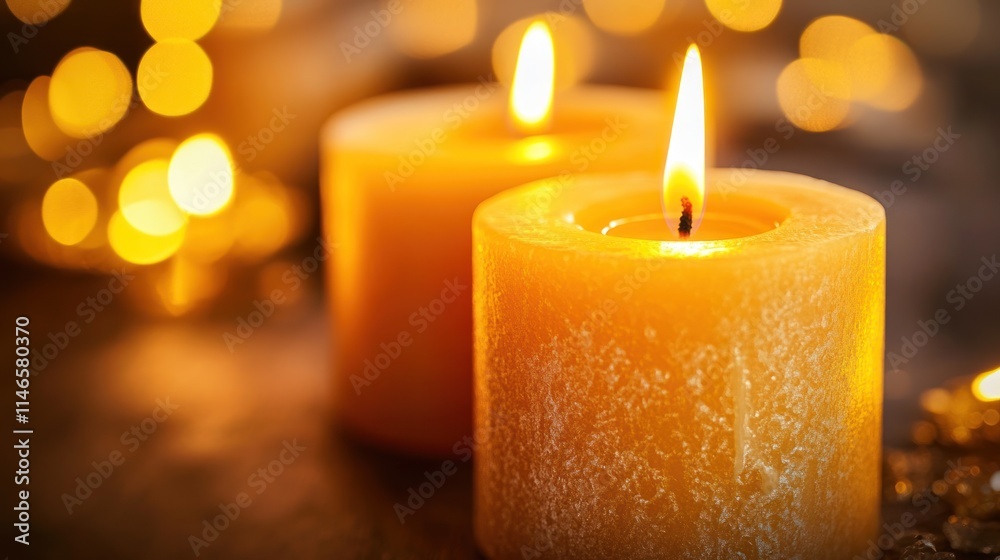 Two glowing candles surrounded by warm bokeh lights, creating a cozy atmosphere.