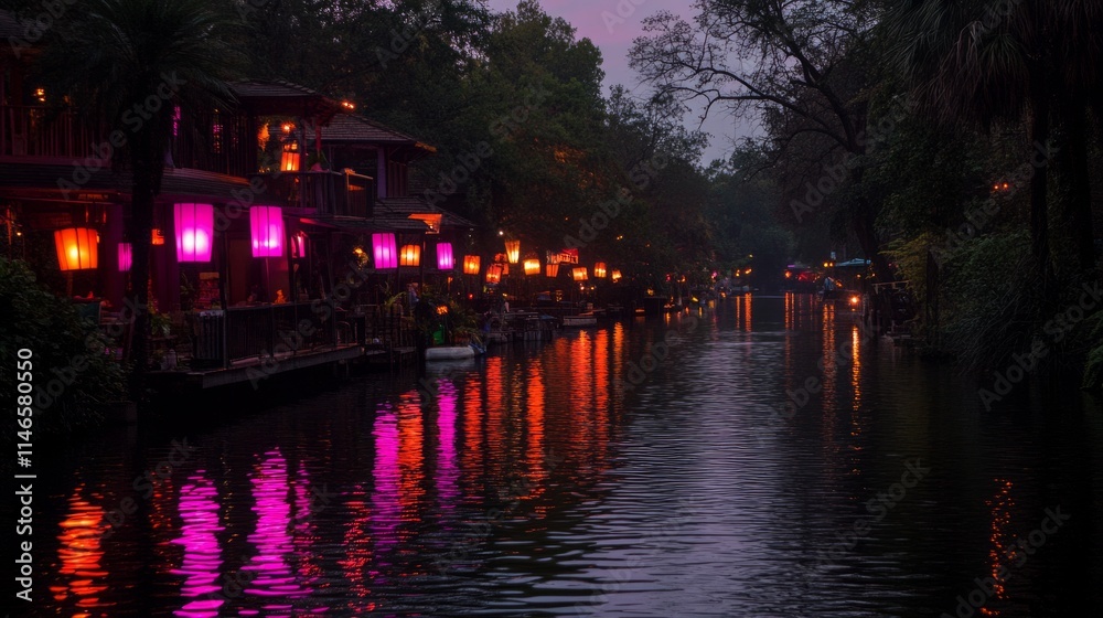 Illuminated Waterfront Buildings at Dusk, Canal Reflection