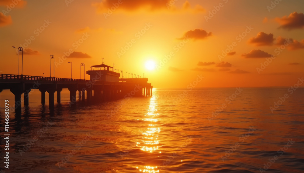 Silhouette of a pier at sunset with vibrant orange and golden reflections on water Silhouette of a pier at sunset with vibrant orange and golden reflections on water