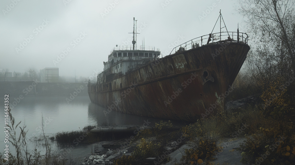 Abandoned rusty cargo ship near shore in foggy atmosphere, evoking nostalgia Abandoned rusty cargo ship near shore in foggy atmosphere, evoking nostalgia