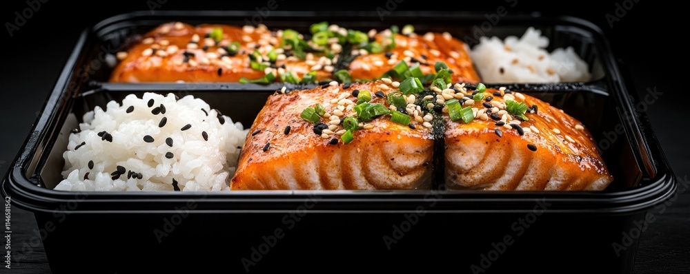 Enjoy this delicious traditional bento featuring grilled salmon and steamed rice, a classic Japanese culinary delight This perfectly portioned bento, showcases the beautiful presentation of Japanese