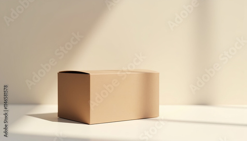 Kraft tea box mockup with soft shadows on a light beige background for product presentation and packaging design