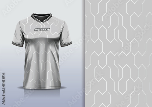 T-shirt mockup abstract hexagon line sport jersey design for football, soccer, racing, esports, running, in gray white color