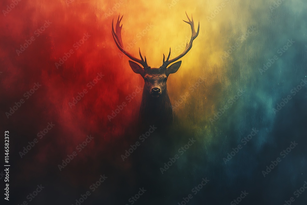 A majestic deer emerges from a vibrant, smoky backdrop. A majestic deer emerges from a vibrant, smoky backdrop.